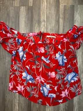 Carmakoma Red Off-Shoulder Floral Blouse with Blue and Pink Flowers